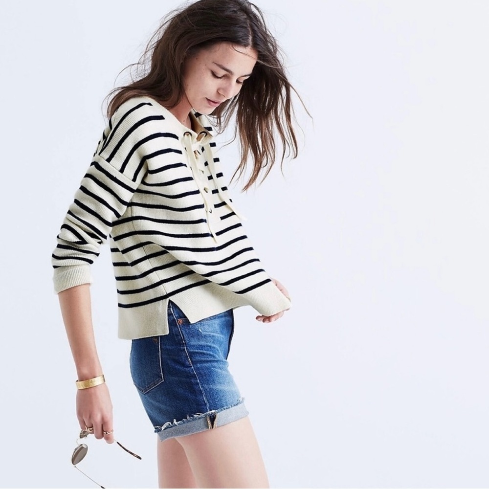 Madewell Merino Wool Striped Lace-Up Sweater Size Small Oversized Preppy